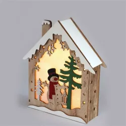 IRIS Faház alakú hóember mintás/18,5x21cm/meleg fehér LED-es fa fénydekoráció  (310-08)