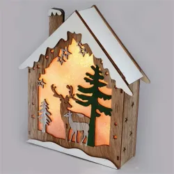 IRIS Faház alakú rénszarvas mintás/18,5x21cm/meleg fehér LED-es fa fénydekoráció  (310-07)