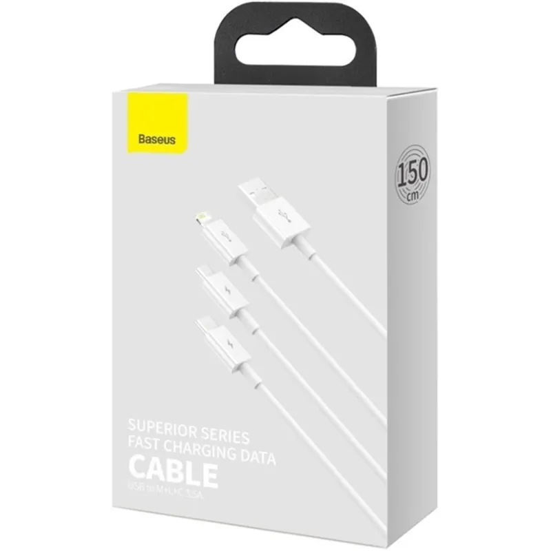 Baseus Superior Series Fast Charging 3,5A 1,2m USB-A - Lightning/Type-C/MicroUSB fehér háromágú kábel Baseus Superior Series Fast Charging 3,5A 1,2m USB-A - Lightning/Type-C/MicroUSB fehér háromágú kábel