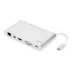 DIGITUS Universal Docking Station USB 3.1 Type C 4K HDMI MiniDP VGA 1xUSB 3.1 C PD 3xUSB3.0 RJ45 MicroSD SD/MMC aluminum silver