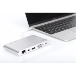 DIGITUS Universal Docking Station USB 3.1 Type C 4K HDMI MiniDP VGA 1xUSB 3.1 C PD 3xUSB3.0 RJ45 MicroSD SD/MMC aluminum silver
