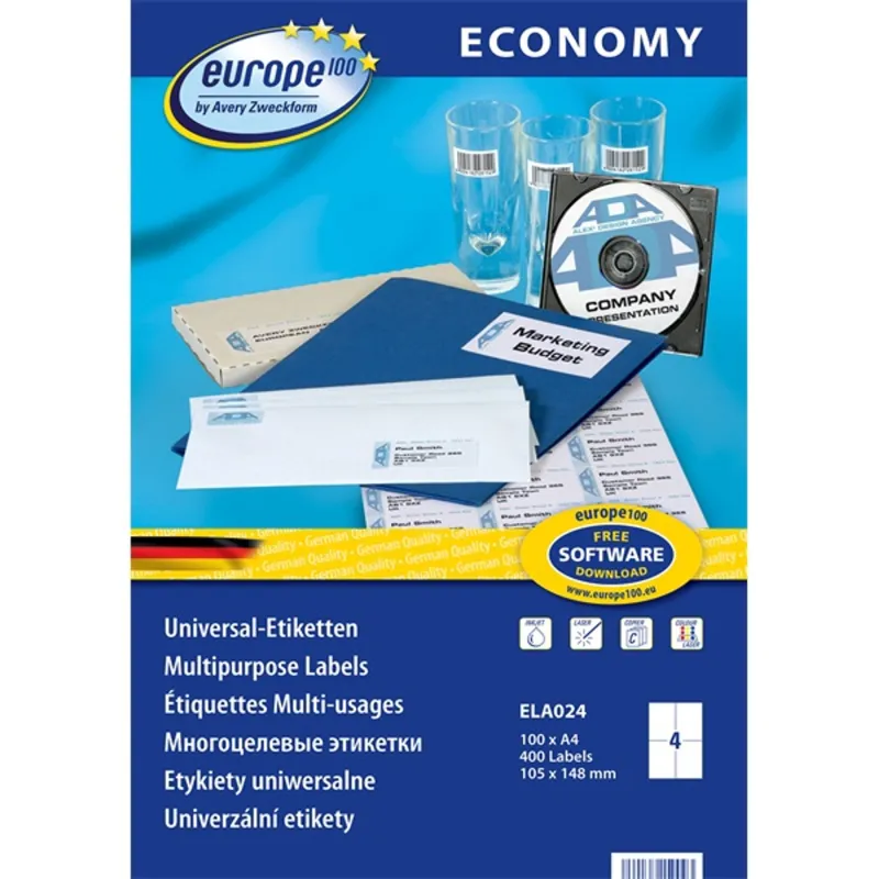 Etikett címke Avery Europe100 ELA024 105x148mm univerzális 400db-os Etikett címke Avery Europe100 ELA024 105x148mm univerzális 400db-os