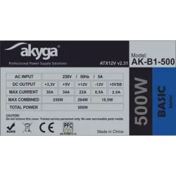ATX power supply 500W Akyga AK-B1-500 P4 PCI-E 6+2 pin 3x SATA 2x Molex, 1x Mini Molex PPFC FAN 12cm