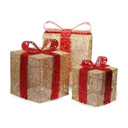 Iris Doboz alakú /1db 20cm, 1db 25cm, 1db 30cm/ arany-piros fémdoboz műanyag masnival dekor szett