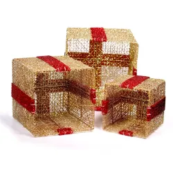 Iris Doboz alakú /1db 20cm, 1db 25cm, 1db 30cm/ arany-piros fémdoboz műanyag masnival dekor szett