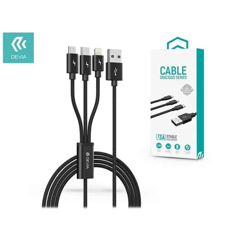 Devia Gracious Series 3 az 1-ben USB-A - USB-C Micro USB - Lightning adat- és töltőkábel 1,2m fekete (ST337086) Devia Gracious Series 3 az 1-ben USB-A - USB-C Micro USB - Lightning adat- és töltőkábel 1,2m fekete (ST337086)