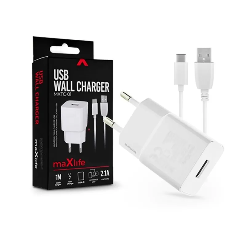 Maxlife TF-0100 univerzális fehér hálózati töltő adapter + 1m Type-C töltő és adatkábel Maxlife TF-0100 univerzális fehér hálózati töltő adapter + 1m Type-C töltő és adatkábel
