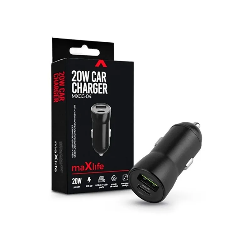 Maxlife MXCC04 USB-A - USB-C autós töltő adapter 20W fekete (TF-0166) Maxlife MXCC04 USB-A - USB-C autós töltő adapter 20W fekete (TF-0166)