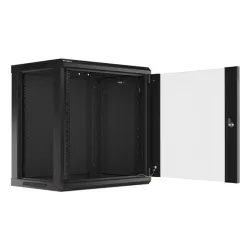 Lanberg WF01-6412-10B 19" 12U SZÉL:600 MÉLY:450 MAG:640 lapraszerelt üvegajtós fekete fali rack szekrény