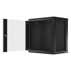 Lanberg WF01-6412-10B 19" 12U SZÉL:600 MÉLY:450 MAG:640 lapraszerelt üvegajtós fekete fali rack szekrény