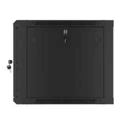 Lanberg WF01-6609-10B 19" 9U SZÉL:600 MÉLY:600 MAG:512 lapraszerelt üvegajtós fekete fali rack szekrény