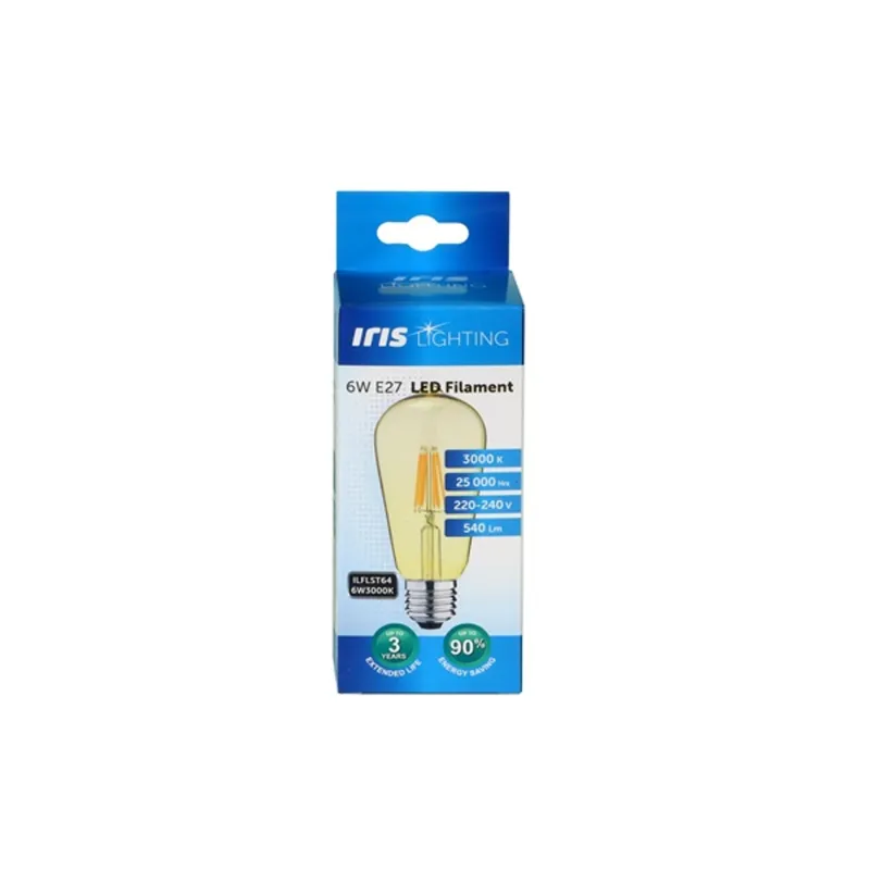 Iris Lighting Filament Bulb Longtip E27 ST64 6W/3000K/540lm aranyszínű LED fényforrás Iris Lighting Filament Bulb Longtip E27 ST64 6W/3000K/540lm aranyszínű LED fényforrás