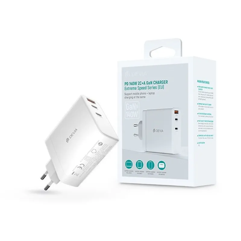 Devia ST366147 GaN 140W USB-A + 2xUSB-C hálózati töltő adapter Devia ST366147 GaN 140W USB-A + 2xUSB-C hálózati töltő adapter
