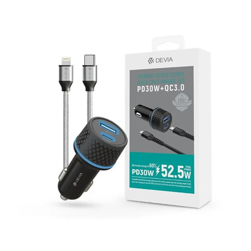 Devia ST354670 30W USB + Type-C szivargyújtó töltő +Lightning-Type-C kábel Devia ST354670 30W USB + Type-C szivargyújtó töltő +Lightning-Type-C kábel