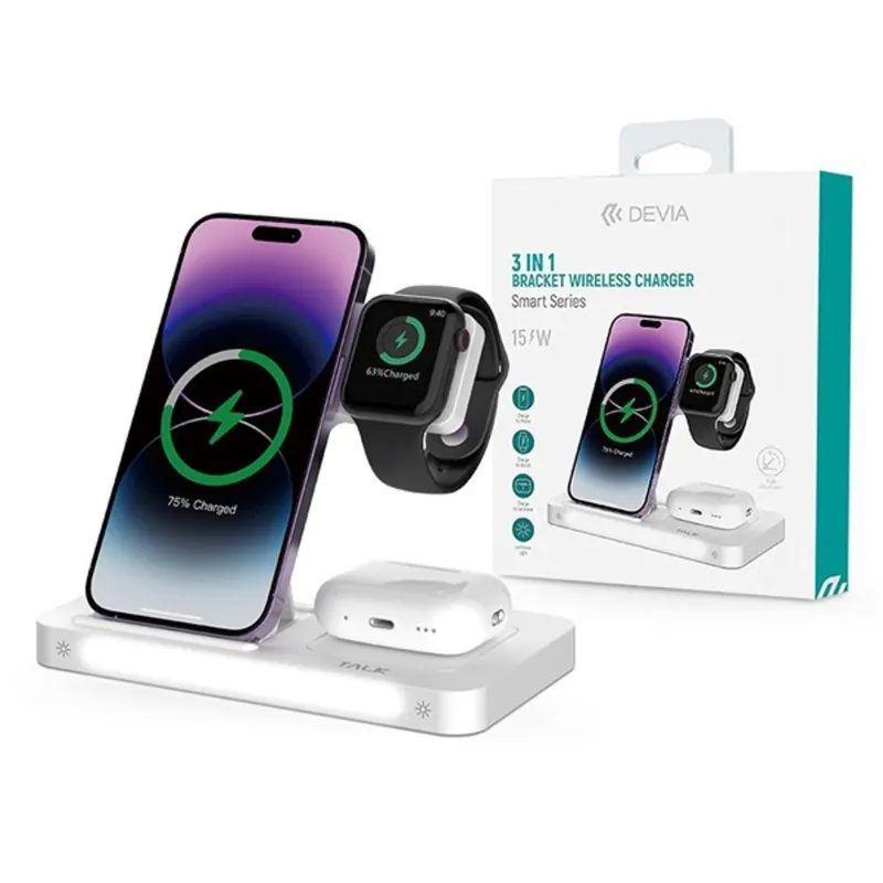 DEVIA QI UNIVERZÁLIS VEZETÉK NÉLKÜLI TÖLTŐ ÁLLOMÁS - 15W - 3in1: SMARTPHONE + IWATCH + AIRPODS - FEHÉR DEVIA QI UNIVERZÁLIS VEZETÉK NÉLKÜLI TÖLTŐ ÁLLOMÁS - 15W - 3in1: SMARTPHONE + IWATCH + AIRPODS - FEHÉR