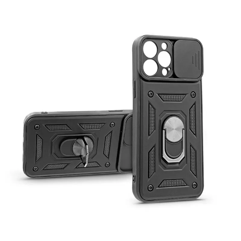 Haffner PT-6757 iPhone 13 Pro Max ütésálló fekete műanyag hátlap gyűrűvel és kameravédővel Haffner PT-6757 iPhone 13 Pro Max ütésálló fekete műanyag hátlap gyűrűvel és kameravédővel
