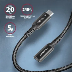 Axagon SPEED+ USB-C apa - USB-C anya hosszabbító kábel 1,5m fekete (BUCM32-CF15AB)