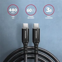 Axagon CHARGE USB-C - USB-C adat- és töltőkábel 2m fekete (BUCM2-CM20AB)