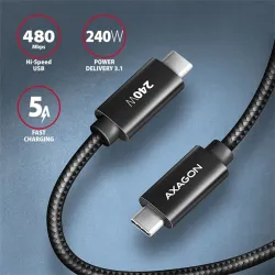 Axagon CHARGE USB-C - USB-C adat- és töltőkábel 2,5m fekete (BUCM2-CM25AB)
