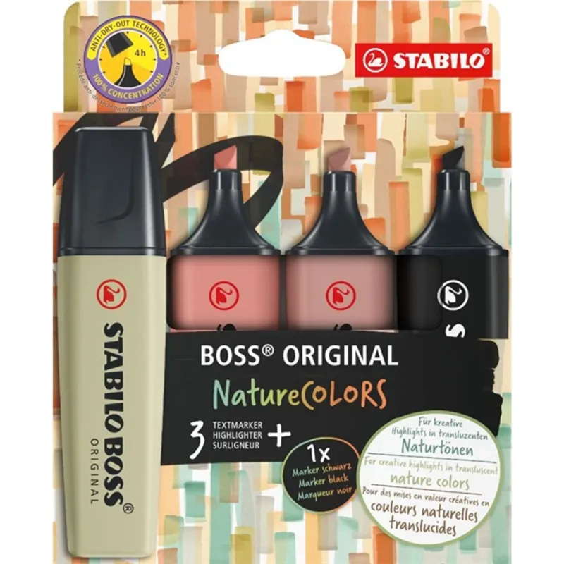 Stabilo BOSS ORIGINAL NatureCOLORS 4 db-os (sárzöld, vörösbarna, sötétbarna, fekete) szövegkiemelő készlet Stabilo BOSS ORIGINAL NatureCOLORS 4 db-os (sárzöld, vörösbarna, sötétbarna, fekete) szövegkiemelő készlet