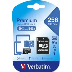 VERBATIM Memóriakártya, microSDXC, 256GB CL10/U1, 90/10 MB/s, adapter, "Premium"