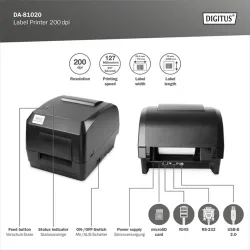DIGITUS Bar Code Label Printer 200dpi Thermal Direct/Transfer USB LAN Serial