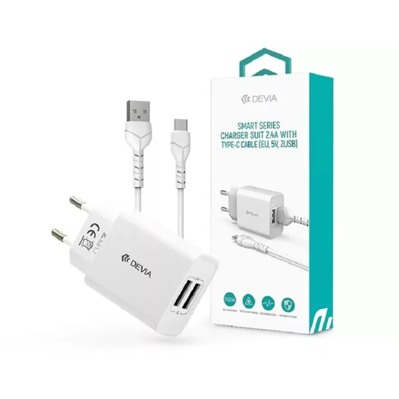 Devia ST364037 2xUSB 2,1A fehér hálózati töltő adapter + USB - Type-C 1m kábel Devia ST364037 2xUSB 2,1A fehér hálózati töltő adapter + USB - Type-C 1m kábel