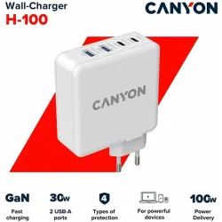 CANYON Hálózati Töltő, 4portos, 2xUSB-C 100W, 2xUSB-A 30W, fehér - CND-CHA100W01