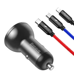 BASEUS autós töltő 2 USB aljzat 24W, LED kijelző + lightning/microUSB/Type-C kábel, SZÜRKE