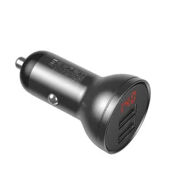 BASEUS autós töltő 2 USB aljzat 24W, LED kijelző + lightning/microUSB/Type-C kábel, SZÜRKE