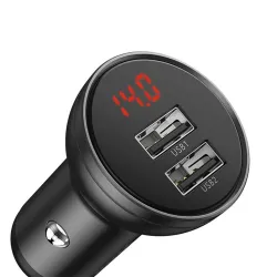 BASEUS autós töltő 2 USB aljzat 24W, LED kijelző + lightning/microUSB/Type-C kábel, SZÜRKE