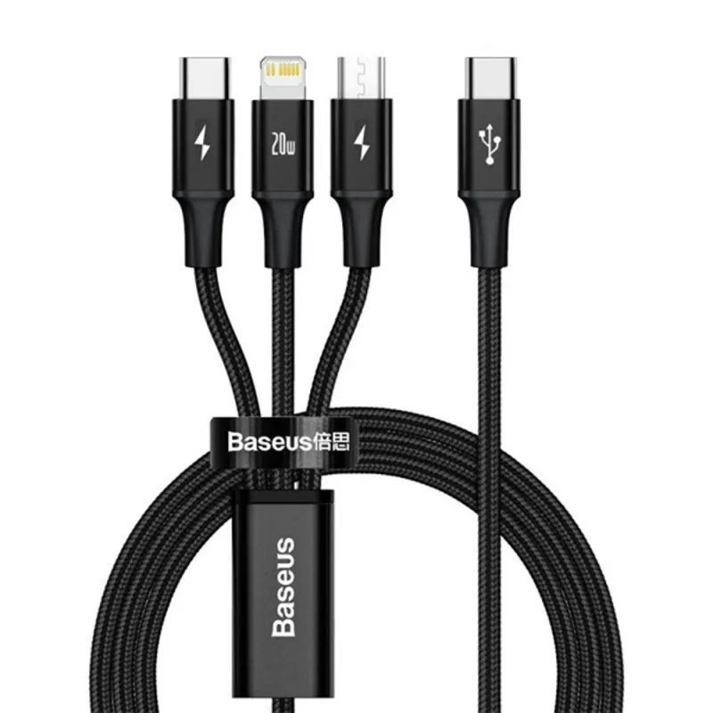 Baseus CAMLT-SC01 Rapid 3in1 1,5m USB A/Lightning/USB C fekete adat- és töltőkábel Baseus CAMLT-SC01 Rapid 3in1 1,5m USB A/Lightning/USB C fekete adat- és töltőkábel