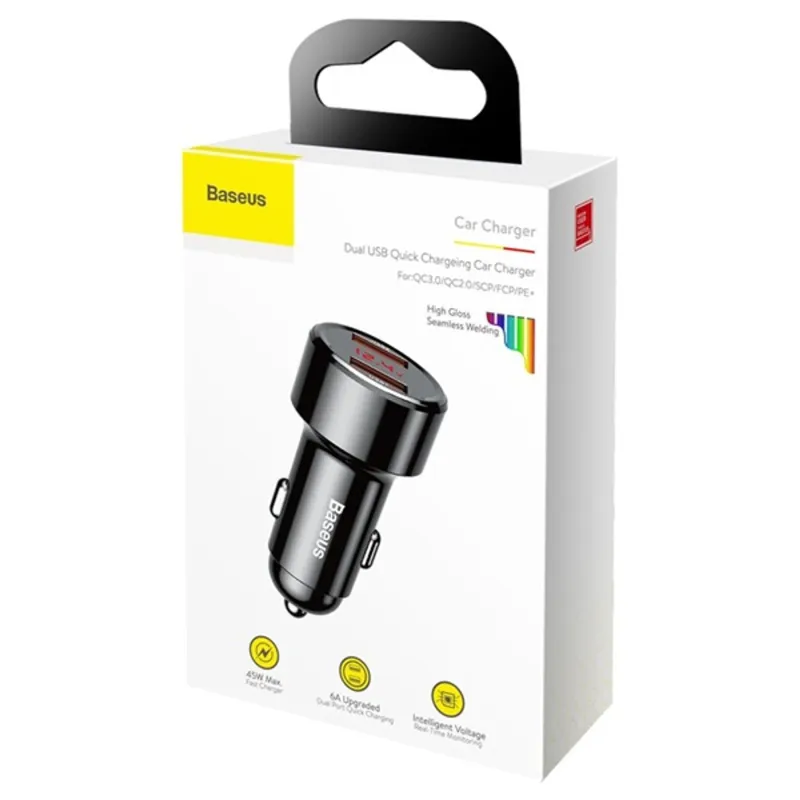 Baseus Magic Series 45W dupla QC USB digitális kijelzős fekete autós töltő Baseus Magic Series 45W dupla QC USB digitális kijelzős fekete autós töltő