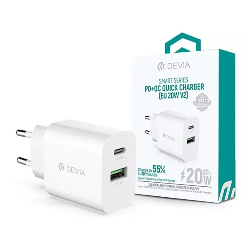DEVIA ST38524 HÁLÓZATI TÖLTŐ ADAPTER TYPE-C + USB BEMENETTEL - 20W - SMART SERIES PD3.0 + QC3.0 QUICK CHARGER V2 - FEHÉR DEVIA ST38524 HÁLÓZATI TÖLTŐ ADAPTER TYPE-C + USB BEMENETTEL - 20W - SMART SERIES PD3.0 + QC3.0 QUICK CHARGER V2 - FEHÉR