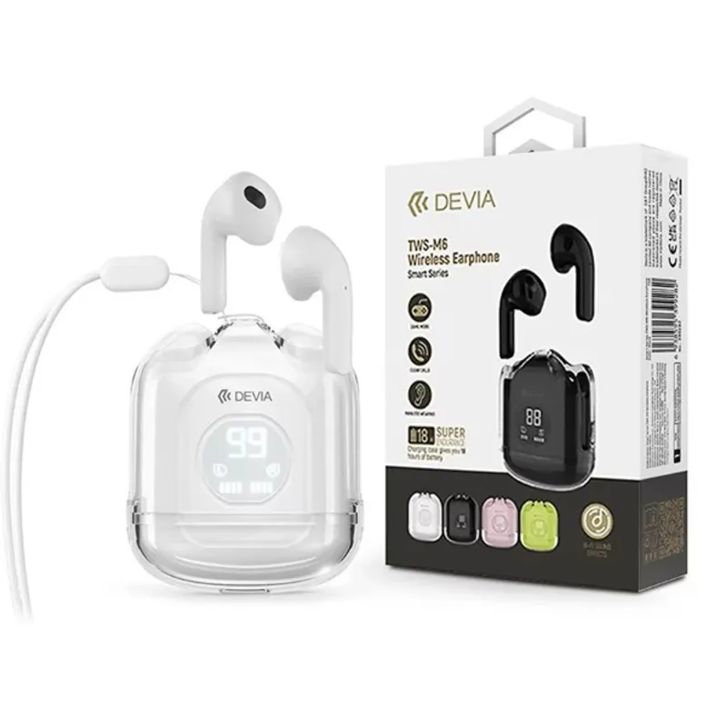 Devia ST399299 TWS-M6 True Wireless Bluetooth fehér fülhallgató Devia ST399299 TWS-M6 True Wireless Bluetooth fehér fülhallgató