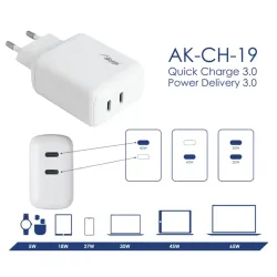 Akyga USB Töltő 2x USB-C PD 5-12V / max. 3A 40W Quick Charge 3.0