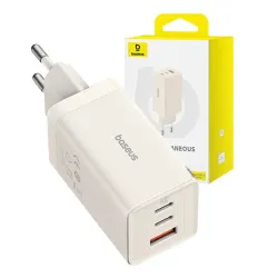 Baseus GaN5 2xUSB-C + USB, 65W + 1m kábel fehér (P10110812227-Z1)