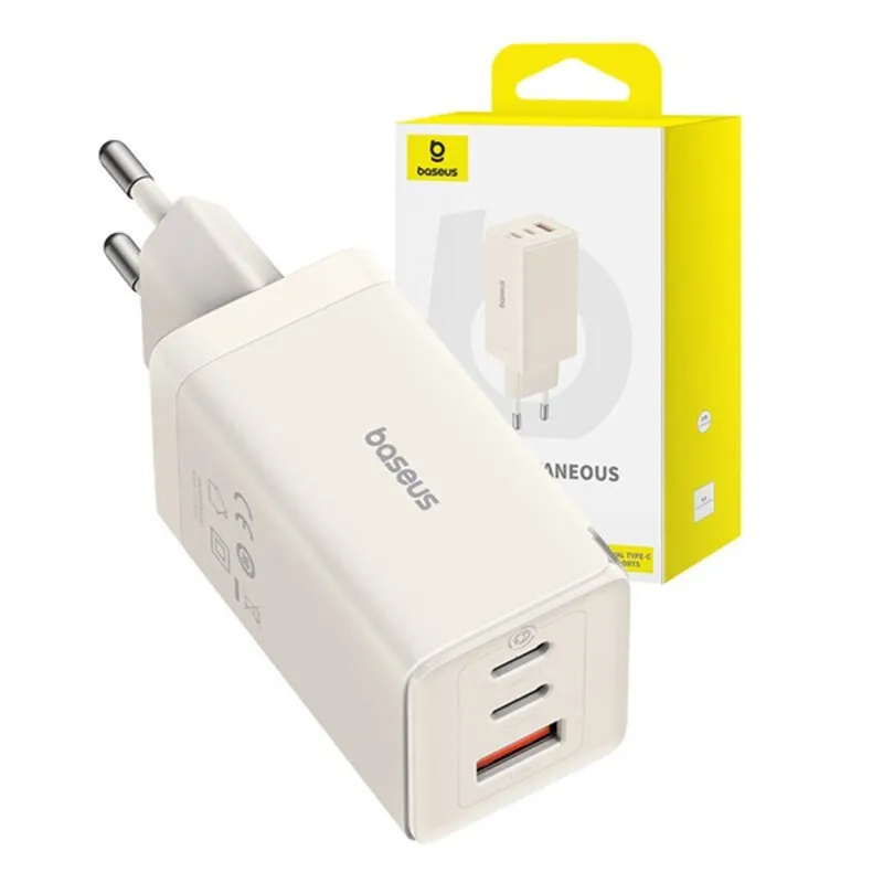 Baseus GaN5 2xUSB-C + USB, 65W + 1m kábel fehér (P10110812227-Z1) Baseus GaN5 2xUSB-C + USB, 65W + 1m kábel fehér (P10110812227-Z1)