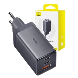 Baseus GaN5 2xUSB-C + USB, 65W + 1m kábel szürke (P10110812827-Z1)
