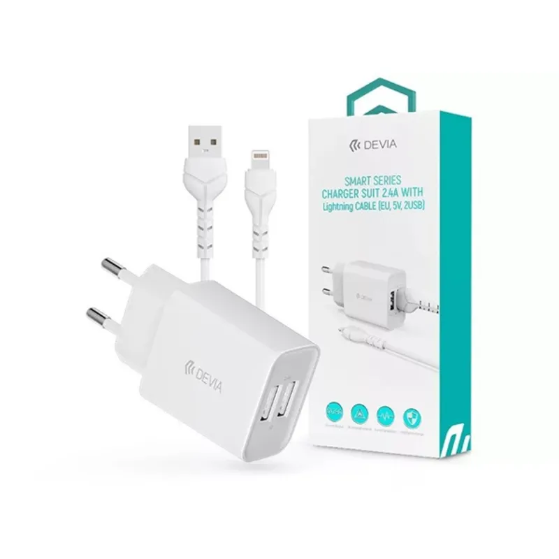Devia ST361395 5V/2.4A Smart 2xUSB Hálózati töltő adapter + 1 m Lightning kábel Devia ST361395 5V/2.4A Smart 2xUSB Hálózati töltő adapter + 1 m Lightning kábel