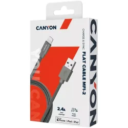 CANYON Charge & Sync MFI flat cable, USB to lightning, certified by Apple, 1m, 0.28mm, Dark gray