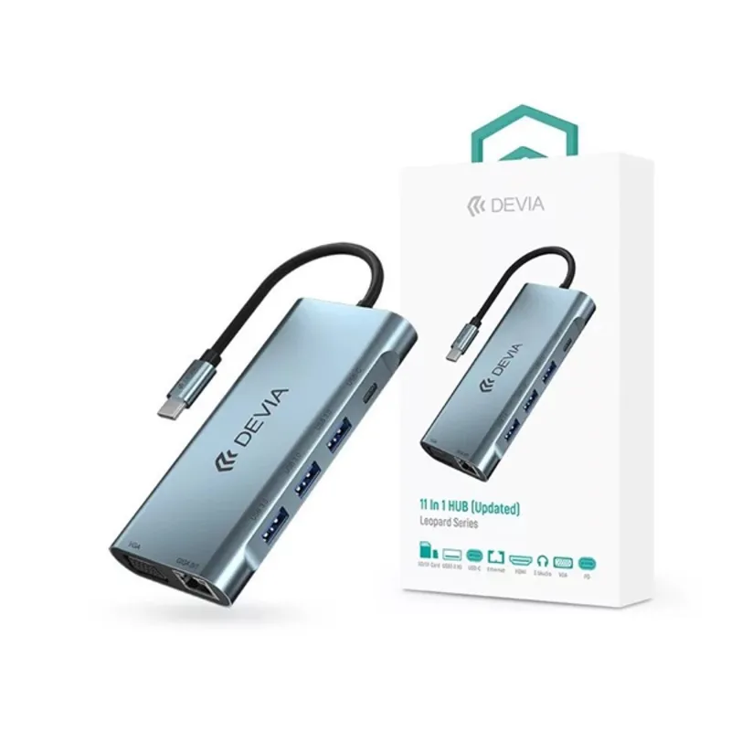 Devia ST399992 Leopard 11in1 3xUSB/Type-C/PD/HDMI/VGA/RJ45/Kártyaolvasó/Jack elosztó adapter Hub Devia ST399992 Leopard 11in1 3xUSB/Type-C/PD/HDMI/VGA/RJ45/Kártyaolvasó/Jack elosztó adapter Hub