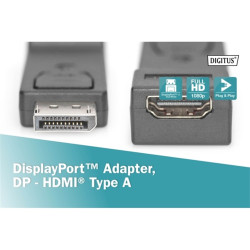 Digitus Kijelző csatlakozó / HDMI Átalakító [1x DisplayPort dugó - 1x HDMI alj] Fekete Kettős árnyékolás, reteszelhető, HDMI-re alkalmas
