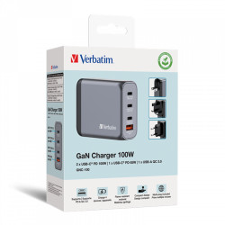 Verbatim 100W 4-Port (2xUSB-C PD 100W/1xUSB-C PD 65W/1xUSB-A QC 3.0) GaN EU/UK hálózati töltő (32202)