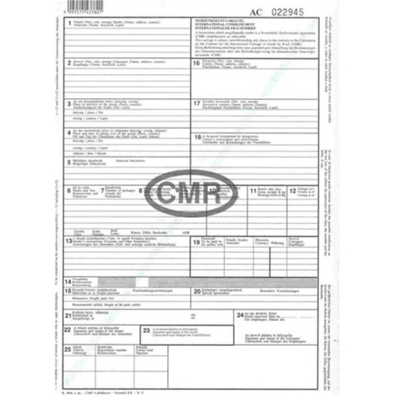 B.CMR A4 6lapos álló "Nemzetközi CMR fuvarlevél" nyomtatvány B.CMR A4 6lapos álló "Nemzetközi CMR fuvarlevél" nyomtatvány