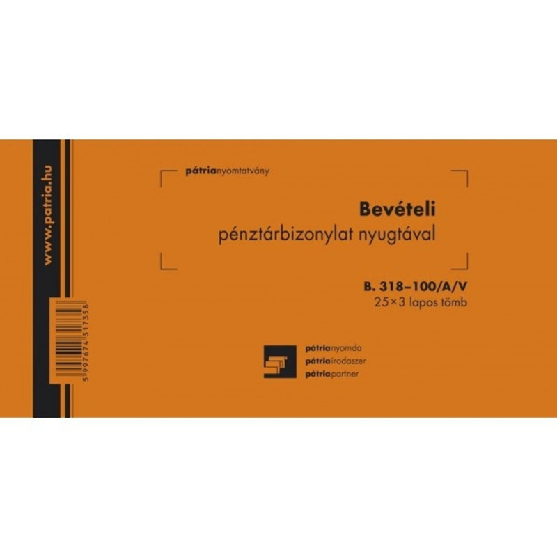 B.318-100/A/V 25x3 "Bevételi pénztárbizonylat nyugtával" nyomtatvány B.318-100/A/V 25x3 "Bevételi pénztárbizonylat nyugtával" nyomtatvány