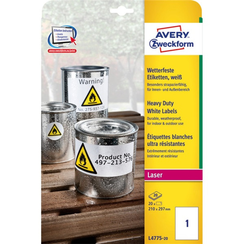 Avery L4775-20 210×297mm vízálló 20db-os fehér etikett Avery L4775-20 210×297mm vízálló 20db-os fehér etikett