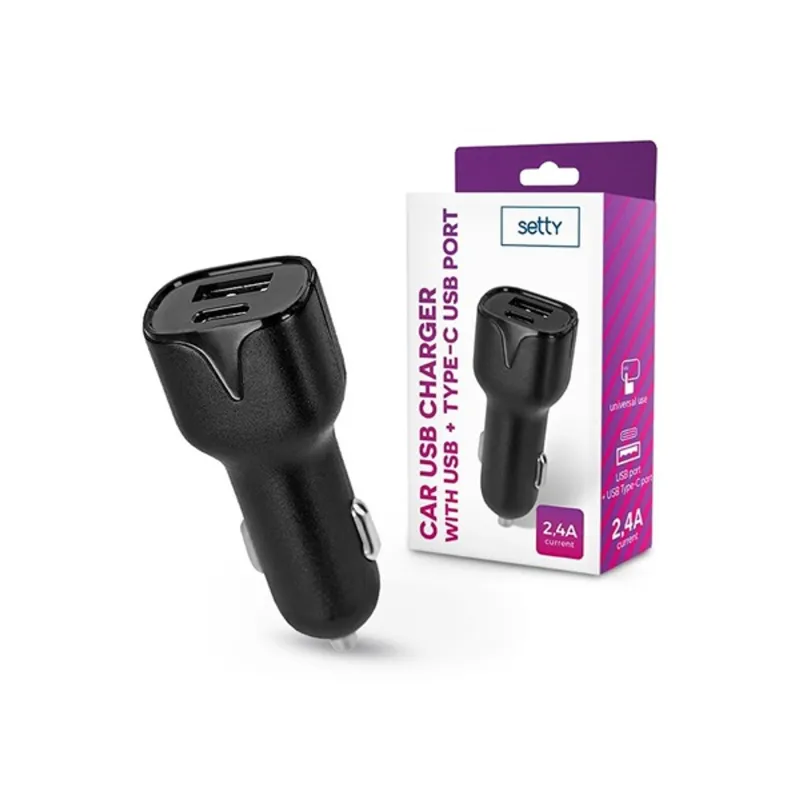 Setty TF-0026 2,4A univerzális USB + Type-C fekete autós töltő Setty TF-0026 2,4A univerzális USB + Type-C fekete autós töltő