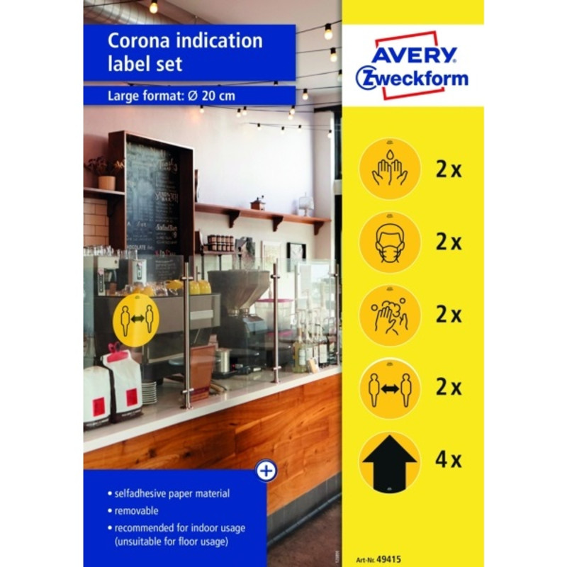 Avery 49415 20cm sárga 12db-os 5 féle koronavírus információs címke szett Avery 49415 20cm sárga 12db-os 5 féle koronavírus információs címke szett