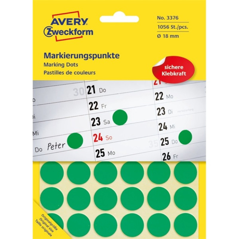Avery 3376 18mm 1056db-os zöld jelölőpont Avery 3376 18mm 1056db-os zöld jelölőpont